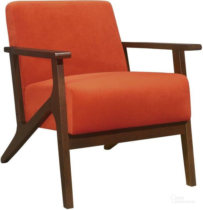 The appearance of August Orange Accent Chair designed by Homelegance in the transitional interior design. This orange piece of furniture  was selected by 1StopBedrooms from August Collection to add a touch of cosiness and style into your home. Sku: 1031RN-1. Product Type: Accent Chair. Material: Velvet. Image1
