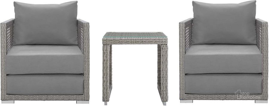 The appearance of Aura Gray 3 Piece Outdoor Patio Wicker Rattan Set EEI-3595-GRY-GRY-SET designed by Modway in the modern / contemporary interior design. This gray piece of furniture  was selected by 1StopBedrooms from Aura Collection to add a touch of cosiness and style into your home. Sku: EEI-3595-GRY-GRY-SET. Material: Rattan. Product Type: Outdoor Conversation Set. Image1
