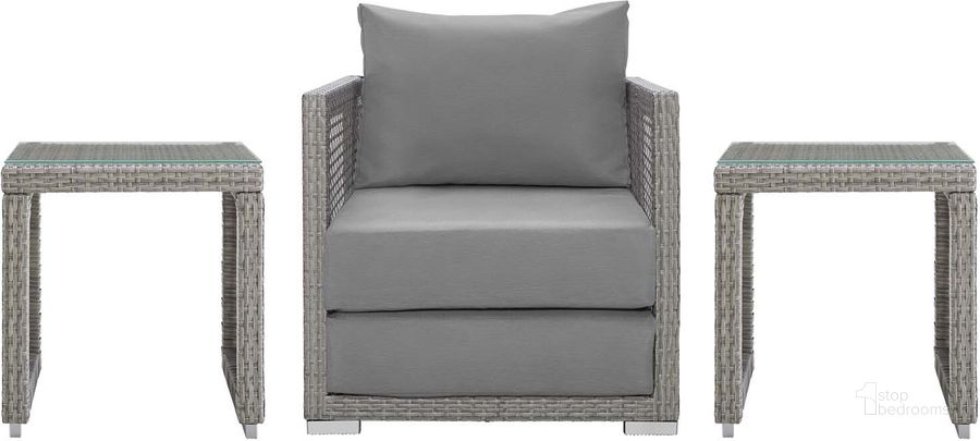 The appearance of Aura Gray 3 Piece Outdoor Patio Wicker Rattan Set EEI-3597-GRY-GRY-SET designed by Modway in the modern / contemporary interior design. This gray piece of furniture  was selected by 1StopBedrooms from Aura Collection to add a touch of cosiness and style into your home. Sku: EEI-3597-GRY-GRY-SET. Material: Rattan. Product Type: Outdoor Conversation Set. Image1