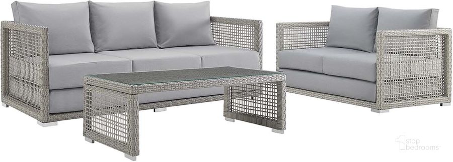 The appearance of Aura Gray 3 Piece Outdoor Patio Wicker Rattan Set EEI-3598-GRY-GRY-SET designed by Modway in the modern / contemporary interior design. This gray piece of furniture  was selected by 1StopBedrooms from Aura Collection to add a touch of cosiness and style into your home. Sku: EEI-3598-GRY-GRY-SET. Material: Rattan. Product Type: Outdoor Conversation Set. Image1