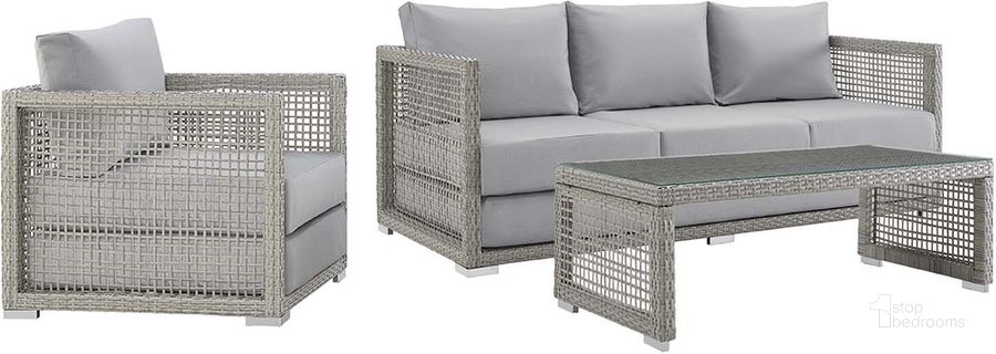 The appearance of Aura Gray 3 Piece Outdoor Patio Wicker Rattan Set EEI-3599-GRY-GRY-SET designed by Modway in the modern / contemporary interior design. This gray piece of furniture  was selected by 1StopBedrooms from Aura Collection to add a touch of cosiness and style into your home. Sku: EEI-3599-GRY-GRY-SET. Material: Rattan. Product Type: Outdoor Conversation Set. Image1