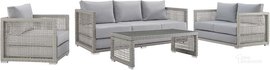 The appearance of Aura Gray 4 Piece Outdoor Patio Wicker Rattan Set designed by Modway in the modern / contemporary interior design. This gray piece of furniture  was selected by 1StopBedrooms from Aura Collection to add a touch of cosiness and style into your home. Sku: EEI-3596-GRY-GRY-SET. Material: Rattan. Product Type: Outdoor Conversation Set. Image1