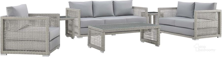 The appearance of Aura Gray 6 Piece Outdoor Patio Wicker Rattan Set designed by Modway in the modern / contemporary interior design. This gray piece of furniture  was selected by 1StopBedrooms from Aura Collection to add a touch of cosiness and style into your home. Sku: EEI-3559-GRY-GRY-SET. Material: Rattan. Product Type: Outdoor Conversation Set. Image1