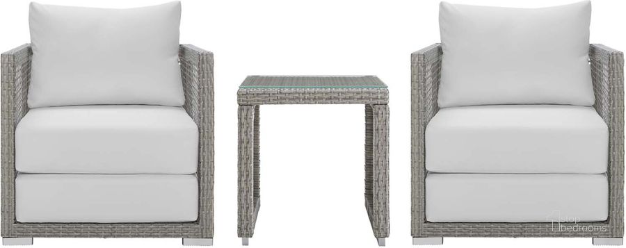 The appearance of Aura Gray and White 3 Piece Outdoor Patio Wicker Rattan Set EEI-3595-GRY-WHI-SET designed by Modway in the modern / contemporary interior design. This gray and white piece of furniture  was selected by 1StopBedrooms from Aura Collection to add a touch of cosiness and style into your home. Sku: EEI-3595-GRY-WHI-SET. Material: Rattan. Product Type: Outdoor Conversation Set. Image1