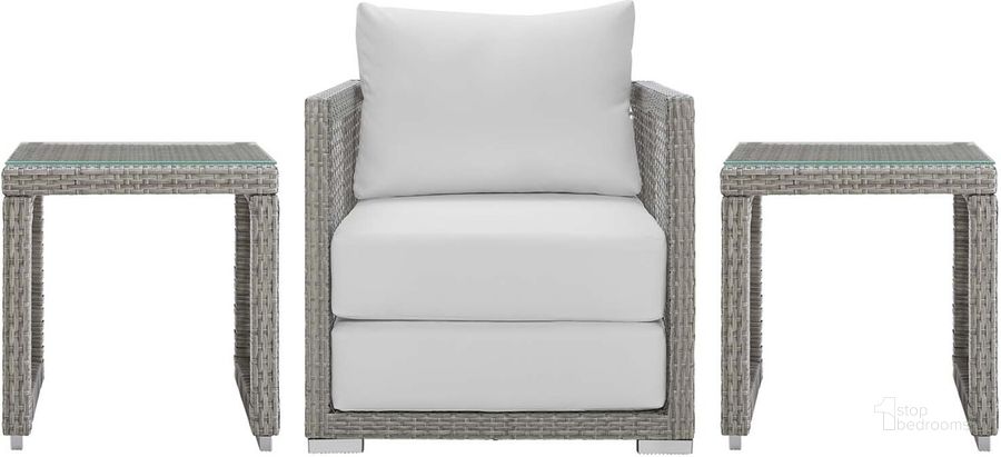 The appearance of Aura Gray and White 3 Piece Outdoor Patio Wicker Rattan Set EEI-3597-GRY-WHI-SET designed by Modway in the modern / contemporary interior design. This gray and white piece of furniture  was selected by 1StopBedrooms from Aura Collection to add a touch of cosiness and style into your home. Sku: EEI-3597-GRY-WHI-SET. Material: Rattan. Product Type: Outdoor Conversation Set. Image1