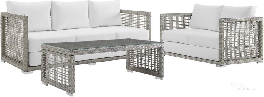 The appearance of Aura Gray and White 3 Piece Outdoor Patio Wicker Rattan Set EEI-3598-GRY-WHI-SET designed by Modway in the modern / contemporary interior design. This gray and white piece of furniture  was selected by 1StopBedrooms from Aura Collection to add a touch of cosiness and style into your home. Sku: EEI-3598-GRY-WHI-SET. Material: Rattan. Product Type: Outdoor Conversation Set. Image1