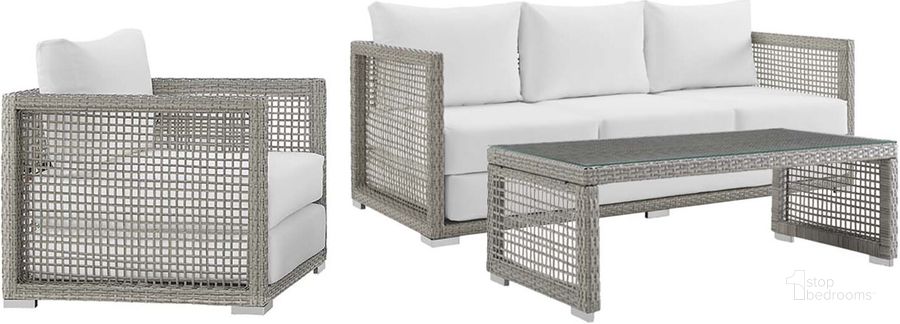 The appearance of Aura Gray and White 3 Piece Outdoor Patio Wicker Rattan Set EEI-3599-GRY-WHI-SET designed by Modway in the modern / contemporary interior design. This gray and white piece of furniture  was selected by 1StopBedrooms from Aura Collection to add a touch of cosiness and style into your home. Sku: EEI-3599-GRY-WHI-SET. Material: Rattan. Product Type: Outdoor Conversation Set. Image1