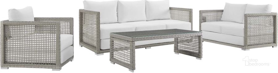 The appearance of Aura Gray and White 4 Piece Outdoor Patio Wicker Rattan Set designed by Modway in the modern / contemporary interior design. This gray and white piece of furniture  was selected by 1StopBedrooms from Aura Collection to add a touch of cosiness and style into your home. Sku: EEI-3596-GRY-WHI-SET. Material: Rattan. Product Type: Outdoor Conversation Set. Image1