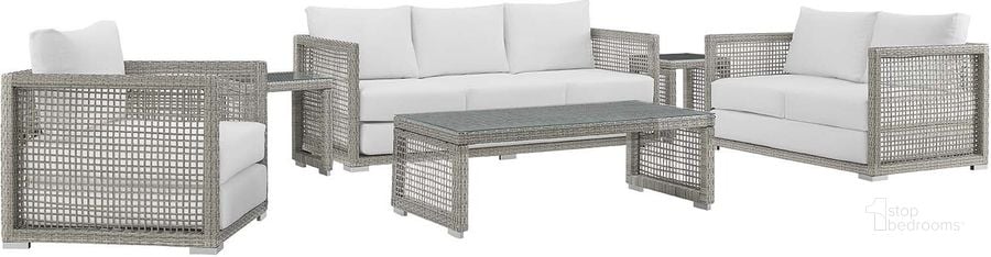 The appearance of Aura Gray and White 6 Piece Outdoor Patio Wicker Rattan Set designed by Modway in the modern / contemporary interior design. This gray and white piece of furniture  was selected by 1StopBedrooms from Aura Collection to add a touch of cosiness and style into your home. Sku: EEI-3559-GRY-WHI-SET. Material: Rattan. Product Type: Outdoor Conversation Set. Image1