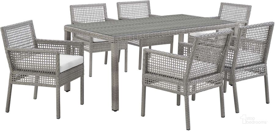 The appearance of Aura Gray and White 7 Piece Outdoor Patio Wicker Rattan Set designed by Modway in the modern / contemporary interior design. This gray and white piece of furniture  was selected by 1StopBedrooms from Aura Collection to add a touch of cosiness and style into your home. Sku: EEI-3560-GRY-WHI-SET. Material: Rattan. Product Type: Outdoor Conversation Set. Image1
