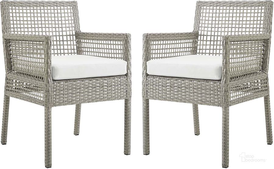 The appearance of Aura Gray and White Dining Arm Chair Outdoor Patio Wicker Rattan Set of 2 designed by Modway in the modern / contemporary interior design. This gray and white piece of furniture  was selected by 1StopBedrooms from Aura Collection to add a touch of cosiness and style into your home. Sku: EEI-3561-GRY-WHI. Material: Rattan. Product Type: Outdoor Dining Chair. Image1