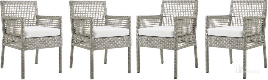 The appearance of Aura Gray and White Dining Arm Chair Outdoor Patio Wicker Rattan Set of 4 designed by Modway in the modern / contemporary interior design. This gray and white piece of furniture  was selected by 1StopBedrooms from Aura Collection to add a touch of cosiness and style into your home. Sku: EEI-3594-GRY-WHI. Material: Rattan. Product Type: Outdoor Dining Chair. Image1