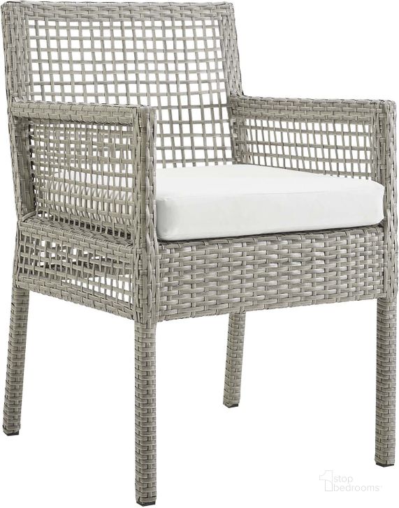 The appearance of Aura Gray and White Outdoor Patio Wicker Rattan Dining Arm Chair designed by Modway in the modern / contemporary interior design. This gray and white piece of furniture  was selected by 1StopBedrooms from Aura Collection to add a touch of cosiness and style into your home. Sku: EEI-2920-GRY-WHI. Material: Rattan. Product Type: Outdoor Dining Chair. Image1