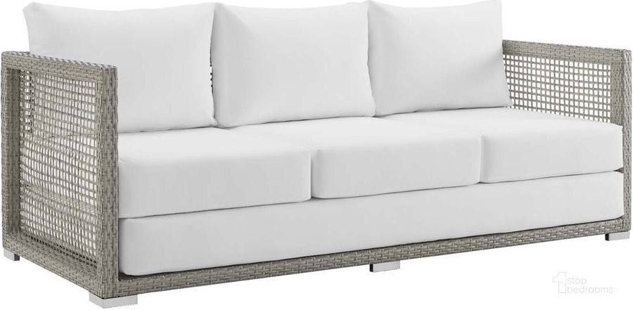 The appearance of Aura Gray and White Outdoor Patio Wicker Rattan Sofa designed by Modway in the modern / contemporary interior design. This gray and white piece of furniture  was selected by 1StopBedrooms from Aura Collection to add a touch of cosiness and style into your home. Sku: EEI-2923-GRY-WHI. Material: Rattan. Product Type: Outdoor Sofa & Loveseat. Image1