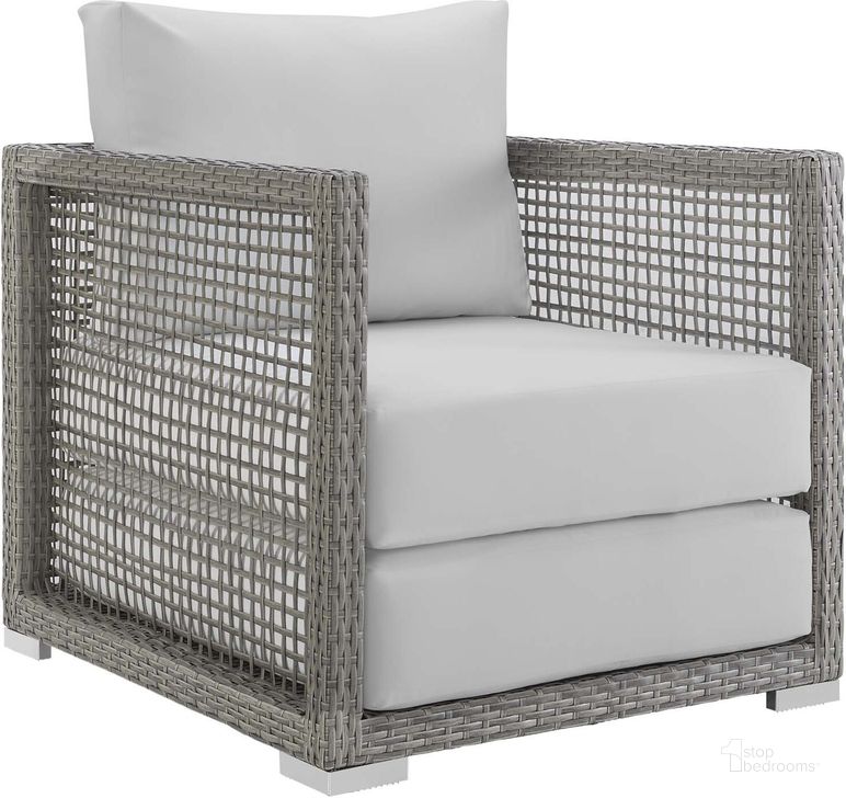 The appearance of Aura Gray and White Rattan Outdoor Patio Arm Chair designed by Modway in the modern / contemporary interior design. This gray and white piece of furniture  was selected by 1StopBedrooms from Aura Collection to add a touch of cosiness and style into your home. Sku: EEI-2918-GRY-WHI. Product Type: Outdoor Dining Chair. Material: Foam. Image1