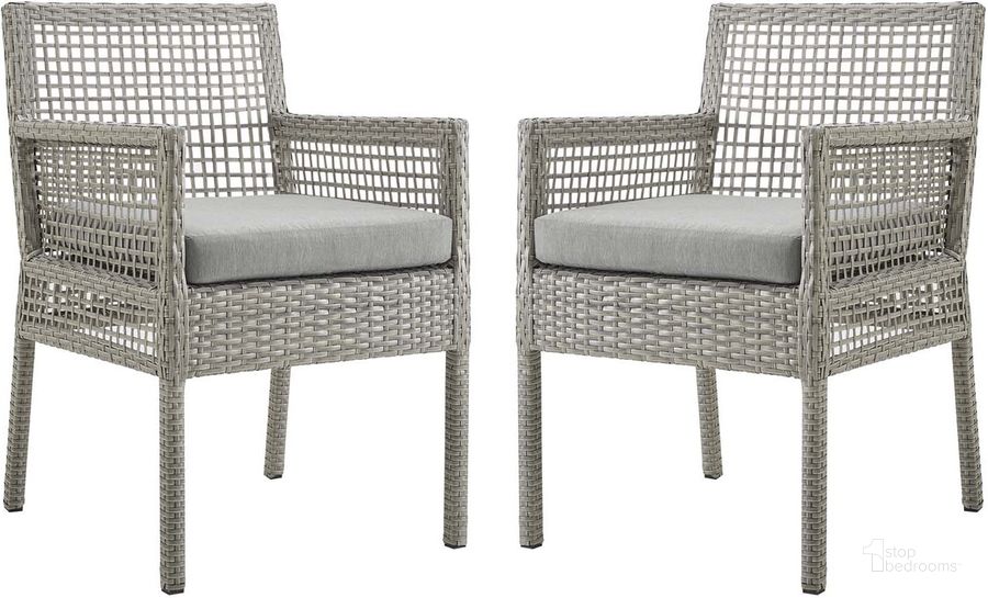 The appearance of Aura Gray Dining Arm Chair Outdoor Patio Wicker Rattan Set of 2 designed by Modway in the modern / contemporary interior design. This gray piece of furniture  was selected by 1StopBedrooms from Aura Collection to add a touch of cosiness and style into your home. Sku: EEI-3561-GRY-GRY. Material: Rattan. Product Type: Outdoor Dining Chair. Image1