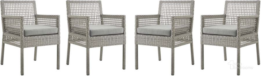 The appearance of Aura Gray Dining Arm Chair Outdoor Patio Wicker Rattan Set of 4 designed by Modway in the modern / contemporary interior design. This gray piece of furniture  was selected by 1StopBedrooms from Aura Collection to add a touch of cosiness and style into your home. Sku: EEI-3594-GRY-GRY. Material: Rattan. Product Type: Outdoor Dining Chair. Image1