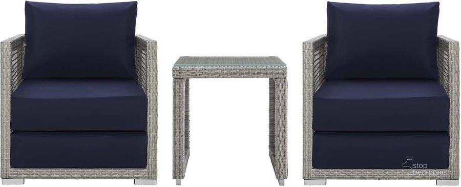 The appearance of Aura Gray Navy 3 Piece Outdoor Patio Wicker Rattan Set EEI-3595-GRY-NAV-SET designed by Modway in the modern / contemporary interior design. This gray navy piece of furniture  was selected by 1StopBedrooms from Aura Collection to add a touch of cosiness and style into your home. Sku: EEI-3595-GRY-NAV-SET. Material: Rattan. Product Type: Outdoor Conversation Set. Image1
