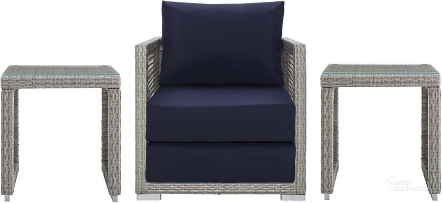 The appearance of Aura Gray Navy 3 Piece Outdoor Patio Wicker Rattan Set EEI-3597-GRY-NAV-SET designed by Modway in the modern / contemporary interior design. This gray navy piece of furniture  was selected by 1StopBedrooms from Aura Collection to add a touch of cosiness and style into your home. Sku: EEI-3597-GRY-NAV-SET. Material: Rattan. Product Type: Outdoor Conversation Set. Image1