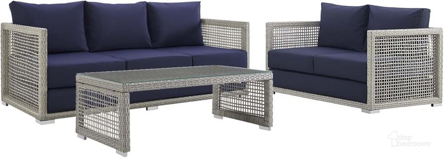 The appearance of Aura Gray Navy 3 Piece Outdoor Patio Wicker Rattan Set EEI-3598-GRY-NAV-SET designed by Modway in the modern / contemporary interior design. This gray navy piece of furniture  was selected by 1StopBedrooms from Aura Collection to add a touch of cosiness and style into your home. Sku: EEI-3598-GRY-NAV-SET. Material: Rattan. Product Type: Outdoor Conversation Set. Image1