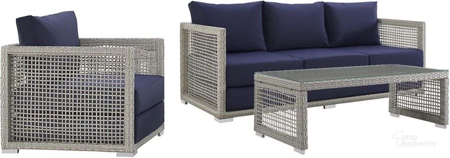 The appearance of Aura Gray Navy 3 Piece Outdoor Patio Wicker Rattan Set EEI-3599-GRY-NAV-SET designed by Modway in the modern / contemporary interior design. This gray navy piece of furniture  was selected by 1StopBedrooms from Aura Collection to add a touch of cosiness and style into your home. Sku: EEI-3599-GRY-NAV-SET. Material: Rattan. Product Type: Outdoor Conversation Set. Image1