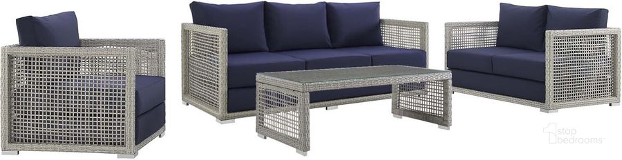 The appearance of Aura Gray Navy 4 Piece Outdoor Patio Wicker Rattan Set designed by Modway in the modern / contemporary interior design. This gray navy piece of furniture  was selected by 1StopBedrooms from Aura Collection to add a touch of cosiness and style into your home. Sku: EEI-3596-GRY-NAV-SET. Material: Rattan. Product Type: Outdoor Conversation Set. Image1
