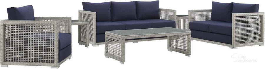 The appearance of Aura Gray Navy 6 Piece Outdoor Patio Wicker Rattan Set designed by Modway in the modern / contemporary interior design. This gray navy piece of furniture  was selected by 1StopBedrooms from Aura Collection to add a touch of cosiness and style into your home. Sku: EEI-3559-GRY-NAV-SET. Material: Rattan. Product Type: Outdoor Conversation Set. Image1