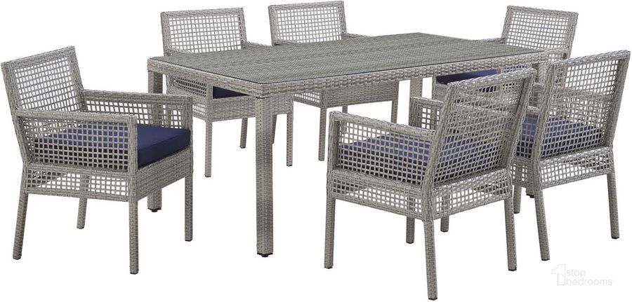 The appearance of Aura Gray Navy 7 Piece Outdoor Patio Wicker Rattan Set designed by Modway in the modern / contemporary interior design. This gray navy piece of furniture  was selected by 1StopBedrooms from Aura Collection to add a touch of cosiness and style into your home. Sku: EEI-3560-GRY-NAV-SET. Material: Rattan. Product Type: Outdoor Conversation Set. Image1