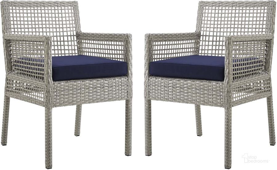 The appearance of Aura Gray Navy Dining Arm Chair Outdoor Patio Wicker Rattan Set of 2 designed by Modway in the modern / contemporary interior design. This gray navy piece of furniture  was selected by 1StopBedrooms from Aura Collection to add a touch of cosiness and style into your home. Sku: EEI-3561-GRY-NAV. Material: Rattan. Product Type: Outdoor Dining Chair. Image1