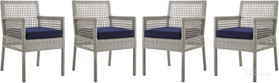 The appearance of Aura Gray Navy Dining Arm Chair Outdoor Patio Wicker Rattan Set of 4 designed by Modway in the modern / contemporary interior design. This gray navy piece of furniture  was selected by 1StopBedrooms from Aura Collection to add a touch of cosiness and style into your home. Sku: EEI-3594-GRY-NAV. Material: Rattan. Product Type: Outdoor Dining Chair. Image1