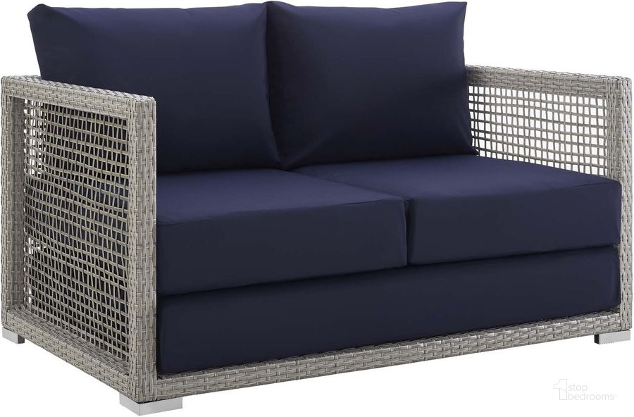 The appearance of Aura Gray Navy Outdoor Patio Wicker Rattan Loveseat designed by Modway in the modern / contemporary interior design. This gray navy piece of furniture  was selected by 1StopBedrooms from Aura Collection to add a touch of cosiness and style into your home. Sku: EEI-2924-GRY-NAV. Material: Rattan. Product Type: Outdoor Sofa & Loveseat. Image1