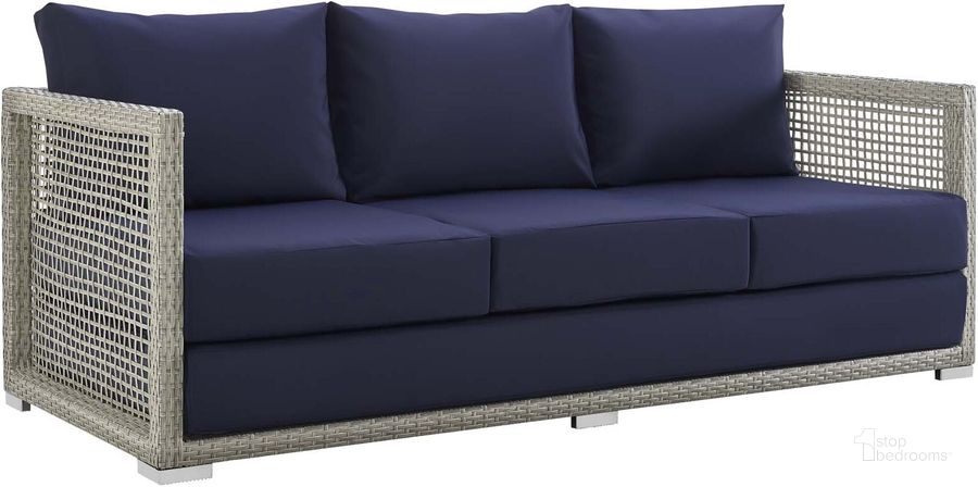 The appearance of Aura Gray Navy Outdoor Patio Wicker Rattan Sofa designed by Modway in the modern / contemporary interior design. This gray navy piece of furniture  was selected by 1StopBedrooms from Aura Collection to add a touch of cosiness and style into your home. Sku: EEI-2923-GRY-NAV. Material: Rattan. Product Type: Outdoor Sofa & Loveseat. Image1