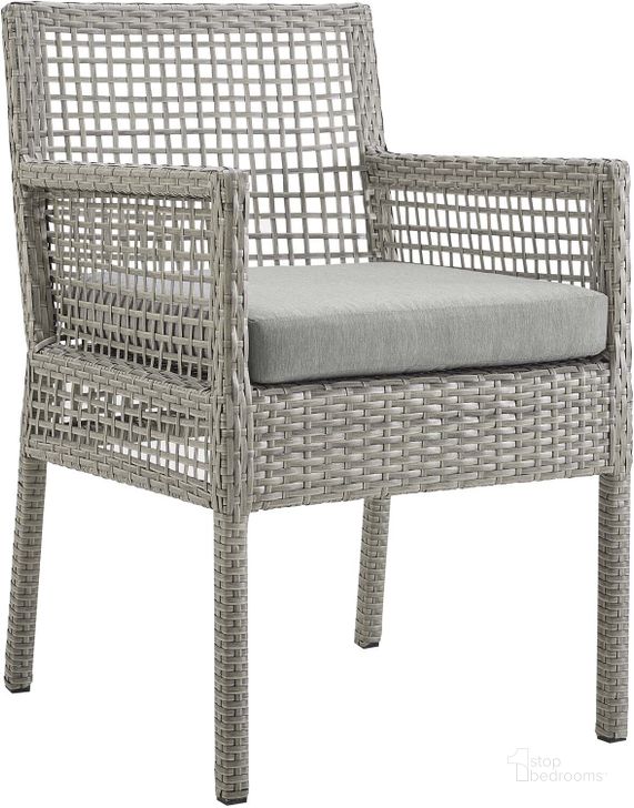 The appearance of Aura Gray Outdoor Patio Wicker Rattan Dining Arm Chair designed by Modway in the modern / contemporary interior design. This gray piece of furniture  was selected by 1StopBedrooms from Aura Collection to add a touch of cosiness and style into your home. Sku: EEI-2920-GRY-GRY. Material: Rattan. Product Type: Outdoor Dining Chair. Image1