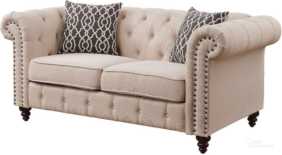 The appearance of Aurelia Beige Linen Loveseat designed by ACME in the rustic / southwestern interior design. This beige piece of furniture  was selected by 1StopBedrooms from Aurelia Collection to add a touch of cosiness and style into your home. Sku: 52421. Material: Fabric. Product Type: Loveseat. Key Features: Tufted. Image1