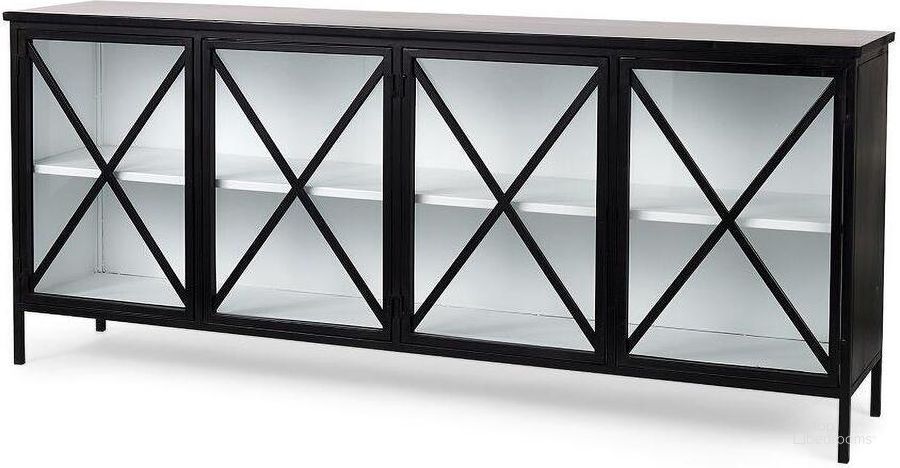 The appearance of Aurelia Black And White Metal Four Door Glass Cabinet designed by Mercana in the modern / contemporary interior design. This black and white piece of furniture  was selected by 1StopBedrooms from Aurelia Collection to add a touch of cosiness and style into your home. Sku: 69266. Material: Metal. Product Type: Buffet. Image1