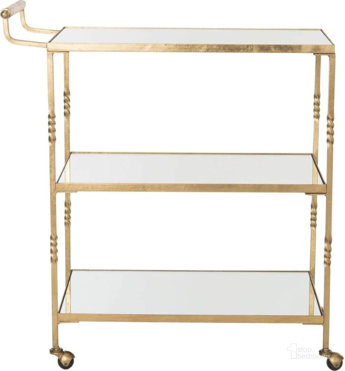 The appearance of Aurelius Gold and Mirror Top Bar Cart designed by Safavieh in the modern / contemporary interior design. This gold piece of furniture  was selected by 1StopBedrooms from Aurelius Collection to add a touch of cosiness and style into your home. Sku: FOX2557B. Product Type: Bar Cart. Material: Iron. Image1