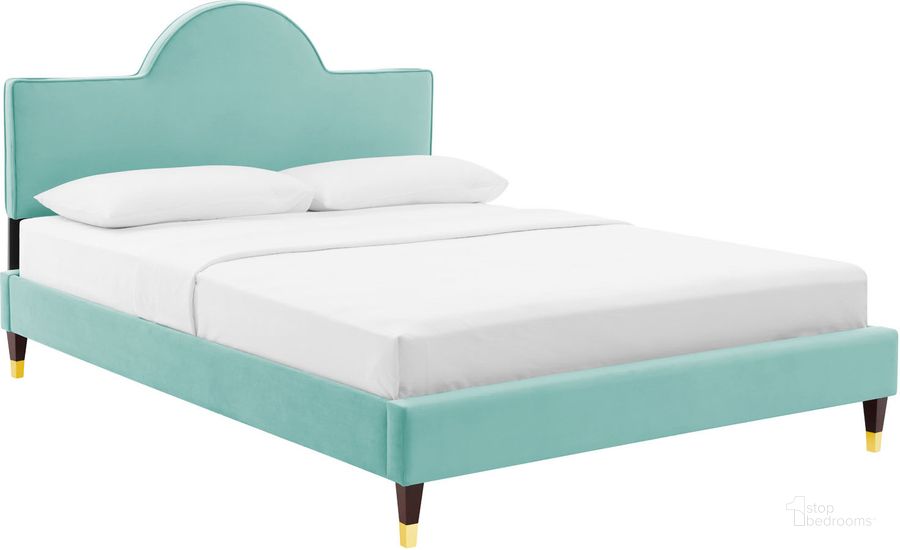The appearance of Aurora Performance Velvet Full Bed In Mint designed by Modway in the modern / contemporary interior design. This mint piece of furniture  was selected by 1StopBedrooms from Aurora Collection to add a touch of cosiness and style into your home. Sku: MOD-7031-MIN. Bed Type: Platform Bed. Product Type: Platform Bed. Bed Size: Full. Material: MDF. Image1