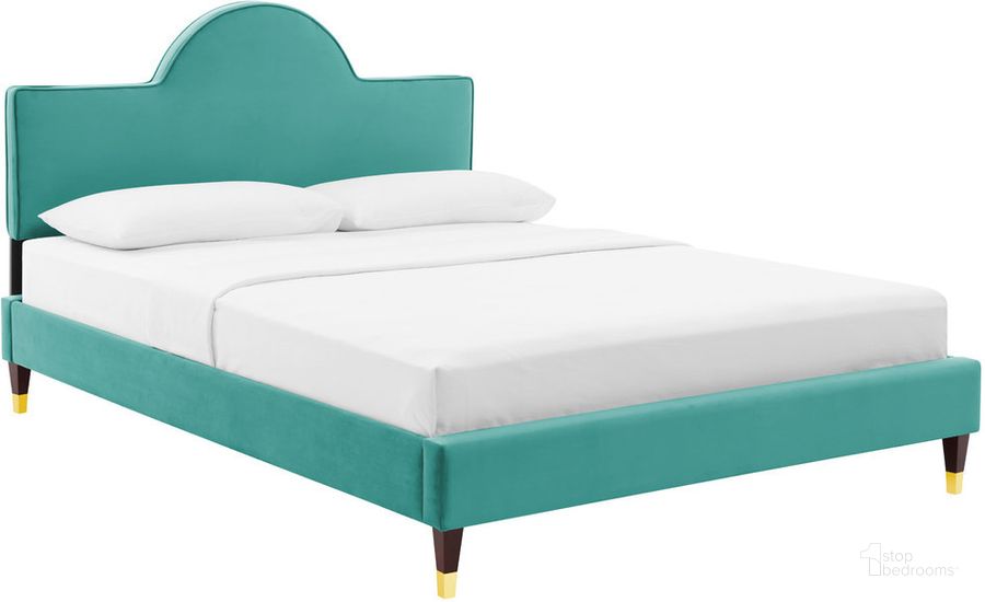 The appearance of Aurora Performance Velvet King Bed In Teal designed by Modway in the modern / contemporary interior design. This teal piece of furniture  was selected by 1StopBedrooms from Aurora Collection to add a touch of cosiness and style into your home. Sku: MOD-7032-TEA. Product Type: Platform Bed. Bed Size: King. Material: MDF. Image1