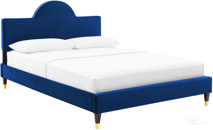 The appearance of Aurora Performance Velvet Queen Bed In Navy designed by Modway in the modern / contemporary interior design. This navy piece of furniture  was selected by 1StopBedrooms from Aurora Collection to add a touch of cosiness and style into your home. Sku: MOD-6517-NAV. Product Type: Platform Bed. Bed Size: Queen. Material: MDF. Image1
