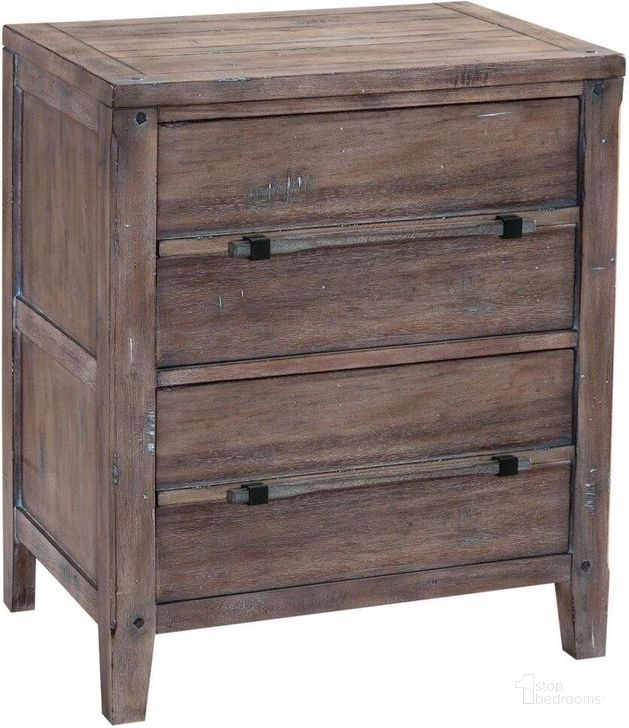 The appearance of Aurora Weathered Grey 2 Drawer Nightstand designed by American Woodcrafters in the rustic / southwestern interior design. This brown piece of furniture  was selected by 1StopBedrooms from Aurora Collection to add a touch of cosiness and style into your home. Sku: 2800-420. Product Type: Nightstand. Material: Rubberwood. Image1