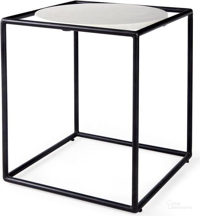 The appearance of Austen Round White Marble Top With Black Metal Frame Side Table designed by Mercana in the modern / contemporary interior design. This white and black piece of furniture  was selected by 1StopBedrooms from Austen Collection to add a touch of cosiness and style into your home. Sku: 69214. Material: Metal. Product Type: Side Table. Image1