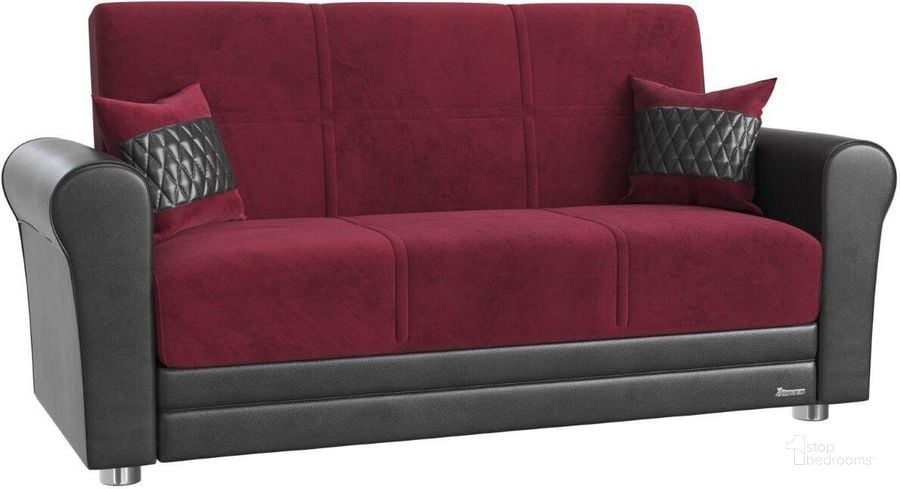 The appearance of Avalon Upholstered Convertible Loveseat with Storage In Burgundy designed by Casamode in the modern / contemporary interior design. This burgundy piece of furniture  was selected by 1StopBedrooms from Avalon Collection to add a touch of cosiness and style into your home. Sku: AVA-PBY-LS. Material: Polyester. Product Type: Loveseat. Image1