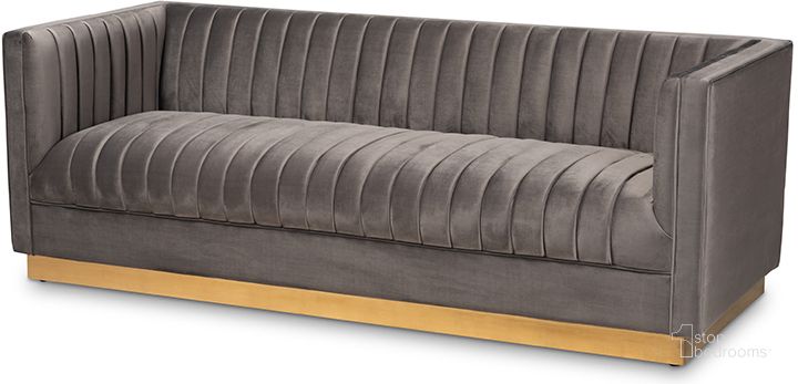 The appearance of Aveline Glam And Luxe Grey Velvet Fabric Upholstered Brushed Gold Finished Sofa designed by Baxton Studio in the glam interior design. This gray piece of furniture  was selected by 1StopBedrooms from Aveline Collection to add a touch of cosiness and style into your home. Sku: TSF-BAX66113-Grey/Gold-SF. Material: Wood. Product Type: Sofa. Image1
