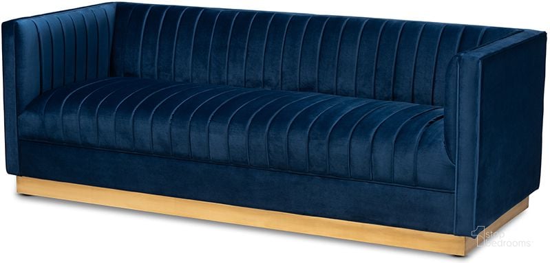 The appearance of Aveline Glam And Luxe Navy Blue Velvet Fabric Upholstered Brushed Gold Finished Sofa designed by Baxton Studio in the glam interior design. This navy blue piece of furniture  was selected by 1StopBedrooms from Aveline Collection to add a touch of cosiness and style into your home. Sku: TSF-BAX66113-Navy/Gold-SF. Material: Wood. Product Type: Sofa. Image1