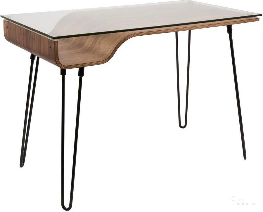 The appearance of Avery Mid-Century Modern Desk In Walnut Wood, Clear Glass, And Black Metal designed by Lumisource in the transitional interior design. This walnut piece of furniture  was selected by 1StopBedrooms from Avery Collection to add a touch of cosiness and style into your home. Sku: OFD-AVERY WL. Material: Metal. Product Type: Desk. Image1