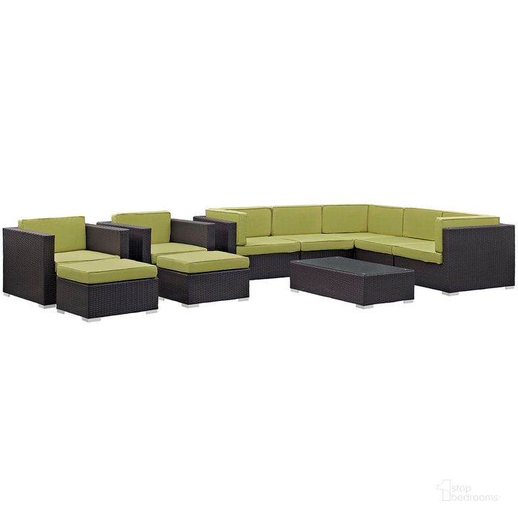 The appearance of Avia 10-Piece Outdoor Patio Sectional Set In Espresso Peridot designed by Modway in the  interior design. This espresso peridot piece of furniture  was selected by 1StopBedrooms from Avia Collection to add a touch of cosiness and style into your home. Sku: EEI-826-EXP-PER-SET. Material: Rattan. Product Type: Outdoor Sectional. Image1