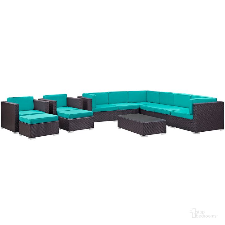 The appearance of Avia 10-Piece Outdoor Patio Sectional Set In Espresso Turquoise designed by Modway in the  interior design. This espresso turquoise piece of furniture  was selected by 1StopBedrooms from Avia Collection to add a touch of cosiness and style into your home. Sku: EEI-826-EXP-TRQ-SET. Material: Rattan. Product Type: Outdoor Sectional. Image1