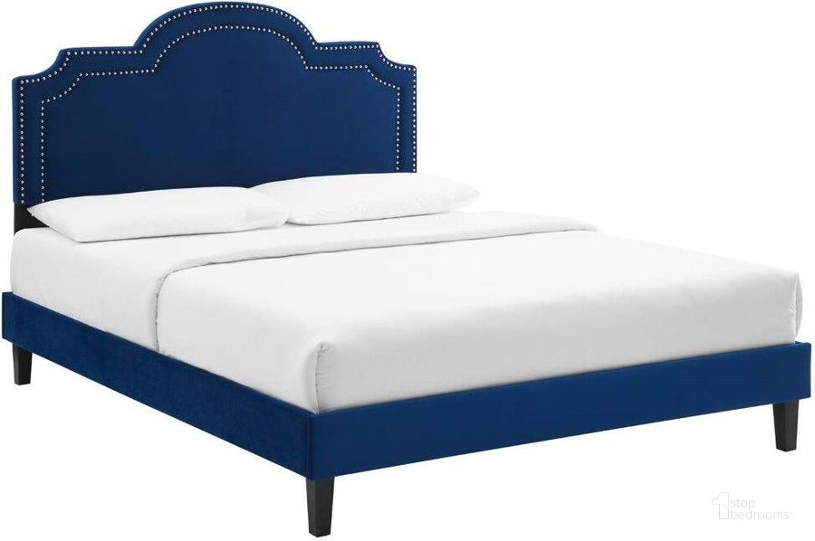 The appearance of Aviana Performance Velvet Full Bed In Navy MOD-6814-NAV designed by Modway in the transitional interior design. This navy piece of furniture  was selected by 1StopBedrooms from Aviana Collection to add a touch of cosiness and style into your home. Sku: MOD-6814-NAV. Bed Type: Platform Bed. Product Type: Platform Bed. Bed Size: Full. Material: Plywood. Image1
