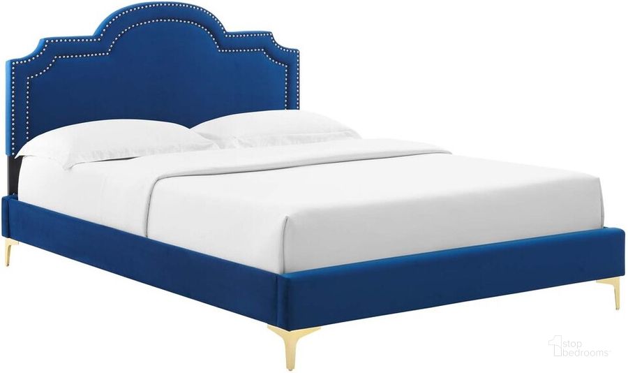 The appearance of Aviana Performance Velvet Full Bed In Navy designed by Modway in the  interior design. This navy piece of furniture  was selected by 1StopBedrooms from Aviana Collection to add a touch of cosiness and style into your home. Sku: MOD-6804-NAV. Bed Type: Platform Bed. Product Type: Platform Bed. Bed Size: Full. Material: MDF. Image1