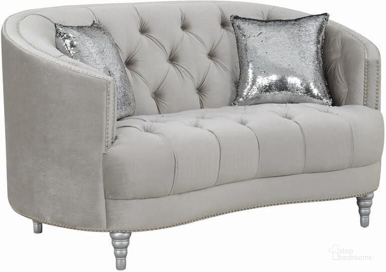 The appearance of Avonlea Gray Loveseat designed by Coaster in the modern / contemporary interior design. This gray piece of furniture  was selected by 1StopBedrooms from Avonlea Collection to add a touch of cosiness and style into your home. Sku: 508462. Product Type: Loveseat. Material: Velvet. Image1